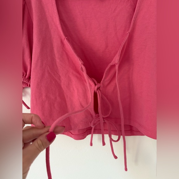 Free People NEW Kitty Cotton Front Tie Puff Sleeve Crop Top in Velvet Rose XS - Picture 7 of 10